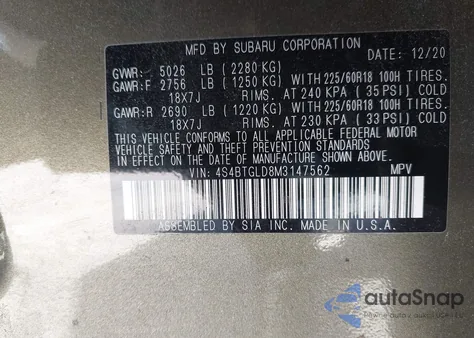 2021 Subaru Outback Onyx Edition Xt z USA, uszkodzony, nr VIN 4S4BTGLD8M3147562